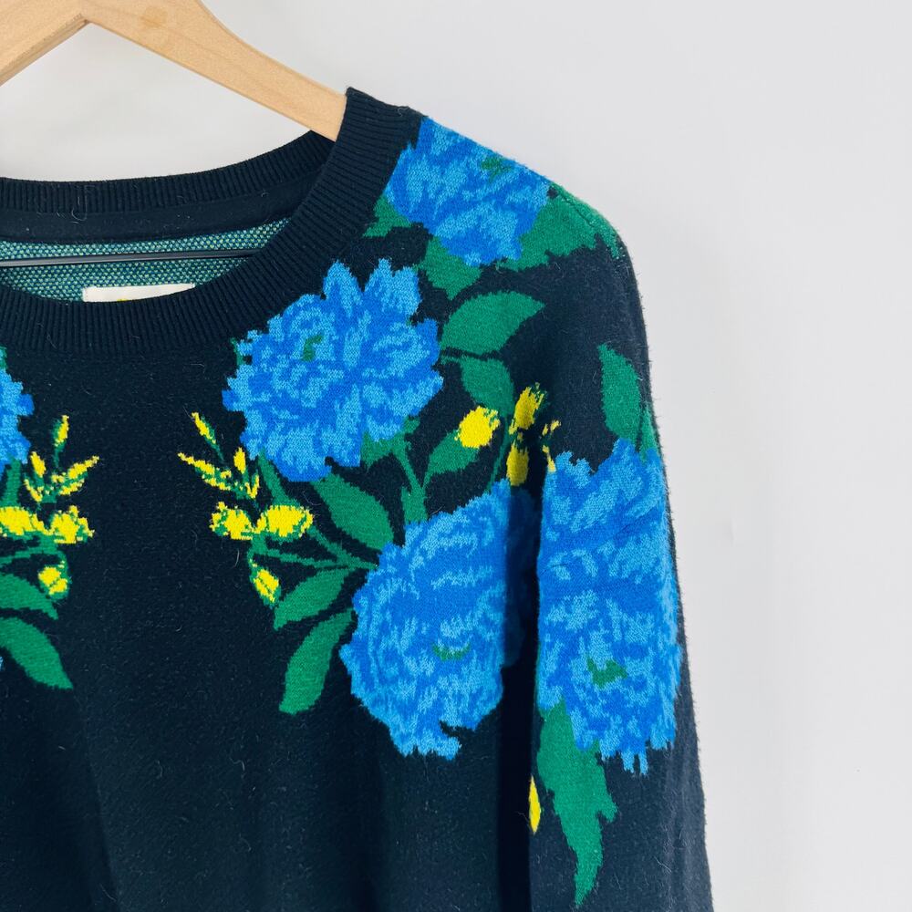 Maeve Anthropologie Black Blue Floral Intarsia Knit Sweater Pullover Women’s S - Picture 6 of 7